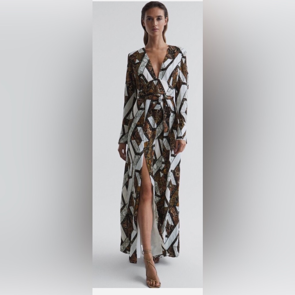 £268 NWT Reiss Loren Snake Print Plunge Maxi Dress Brown US 4